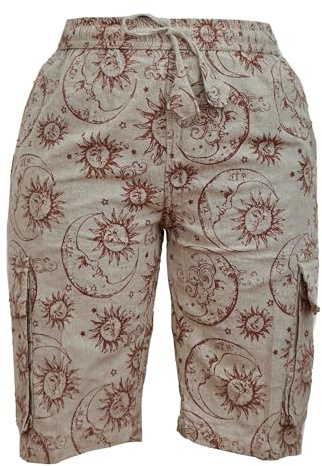 Ezhippie Mens Sun Moon and Mushroom Print Hippie Festival Shorts with Cargo Pockets