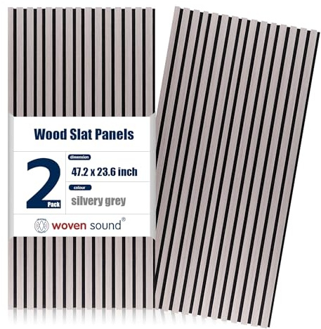 Wood Slat Panels for Interior Wall Decor, Easy Installation, Soundproof Slatted Wall Panels, 3D Acoustic Decoration for Office, Meeting Room, Café, Bars, Restaurant & Home (Silver Gray 2 Pcs 48×12 in)