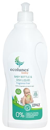 Ecolunes Liquido per biberon e piatti senza profumo 99,5% di ingredienti di origine naturale, non provoca allergie, realizzato con detergenti di origine vegetale, dermatologicamente testato, 750 ml