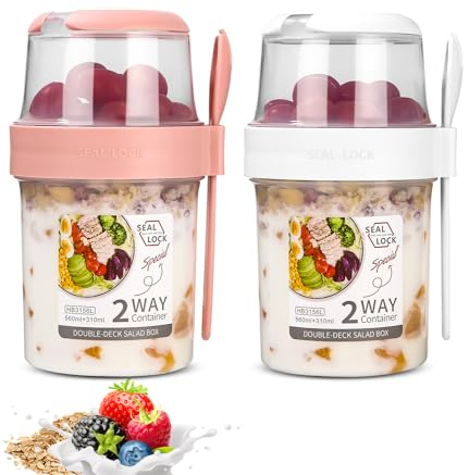 SinLaw Portátil Taza de Cereales 310+560 ml, Diseño de doble sello,2 en 1 Vasos yogurtera,Puede ser reutilizado,Vaso Cereales para Llevar,Tarros yogurtera para yogur, cereales y frutas(blanco/rosa)