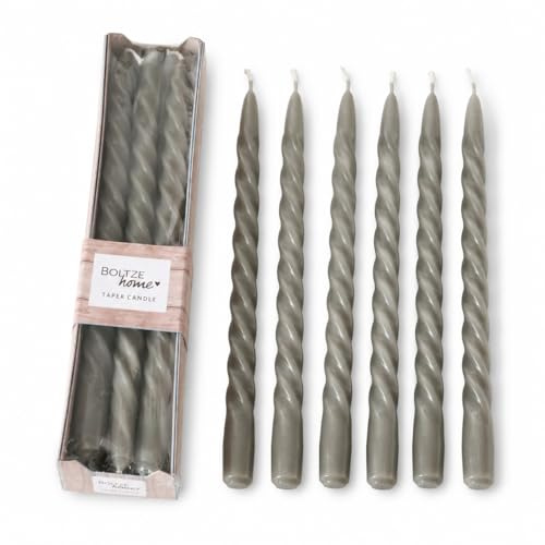 Twister Stabkerzen 6er Set Grau, gedrehte Tafelkerzen aus Echtwachs, 20 cm x Ø 2 cm, klassische Kerzen ohne LED, dekorative Kerzen für Kerzenhalter, Tischdeko & Geschenkidee