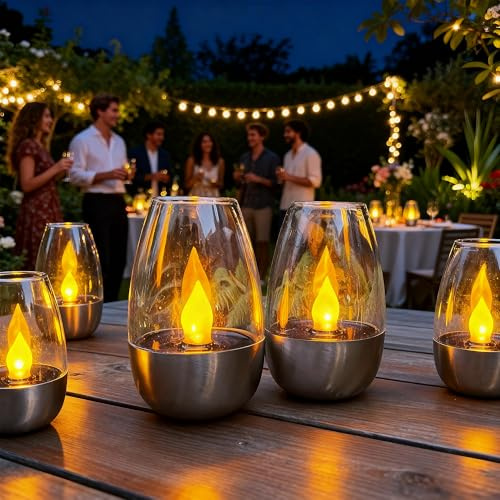Megfiehun Solar Tea Lights Outdoor Waterproof, 6 Pcs, Outdoor Garden Solar Lights Flickering Candle Lanterns for Home Bar Restaurant Camping Valentines Decor