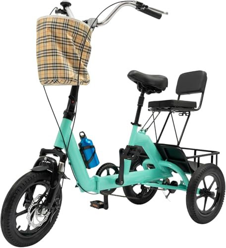 Dreirad 14 Zoll Dreirad Erwachsene Dreirad Fahrrad 3 Räder Lastenfahrrad mit Abnehmbaren Vorderen und Hinteren Aufbewahrungskörbe 14-Zoll Klappbar Dreirad Erwachsenendreirad für Senioren