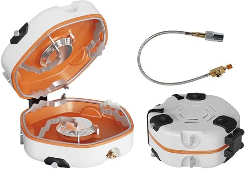 Foldable Gas Camping Stove, 17000 BTU Camping Stove Gas Portable with Grill, 2 Adjustable Burners & Piezo Ignition, Outdoor 2 Burner Camping Stove for Cooking, Hiking, Camping, Trekking, Picnic white