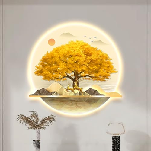 Decorazione da Parete Mucca da mungere Arte da Parete Decorazione da Appendere Paesaggio Cinese Decorazione da Parete Arte a LED Albero della Vita Rotondo Albero genealogico Scultu