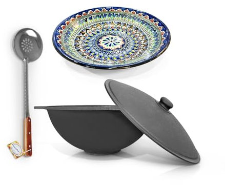 ZARENHOFF Kazan - Olla de hierro fundido uzbeko Kazan con base plana, tapa, cuchara de madera, espumadera, cucharón, espátula, espátula de madera y Lagan Ø 34 cm – Exterior y cocina