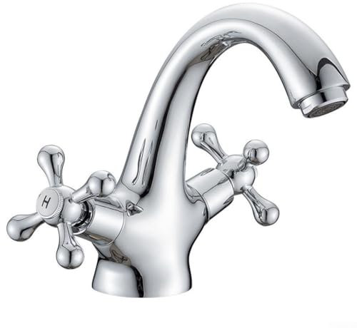 Oniissy Grifo de baño vintage de doble mango giratorio para lavabo caliente y frío, grifo mezclador monobloc tradicional victoriano monobloc, grifo de baño vintage cromado doble mango cruzado (cromo)