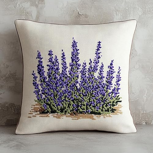 WallustrioaW fleurs Coussin Point de Croix,lavande violette,Coussin à Broder Fait Mai 45X45cm Coussin Brodé Décoration Point de Croix Complet Broderie DIY pour Adulte