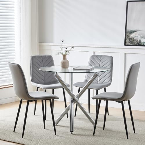 Moderno juego de mesa de comedor redonda de cristal con 4 sillas de terciopelo gris, perfecto para espacios pequeños en casa, oficina, restaurante o área de recepción