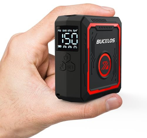 BUCKLOS Mini Bike Pump Electric Portable Max 150PSI with Digital Pressure Gauge, Tiny Bicycle Tire Ebike Pump Auto Stop, Rechargeable Air Pumps, Presta and Schrader Valve for Road Mountain Bike