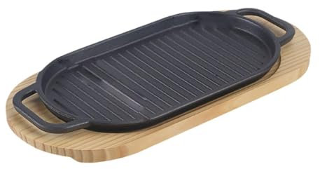 Ronyme Assiette à Steak en Fer grésillante, Plat à gratin avec Base en Bois, Plaque à Frire antiadhésive, Assiette à Steak, Assiette de Service pour la, Petit