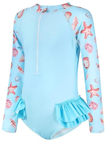 JiAmy baddräkt för flickor barn långärmad UV baddräkt en del sommar sportig rash guards för 3–12 år/98–158, blå, 3-4 år