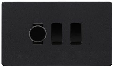 BG Evolve Matt Black 3 Gang Light Switch 1x Trailing Edge LED Dimmer 2x 2 Way Custom Switch