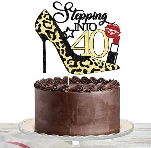 Stepping Into 40 Cake Topper,Funny 40th Birthday Party Decorations Supplies, Highheel Highheel lipstick Sign Cheers to 40 Years Cake Decorations。