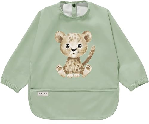 ARTEE Ärmellätzchen beschichtet wasserfest abwischbar Lätzchen mit Ärmeln, Baby, Wasserdichtes Lätzchen, ideal als Geschenk (Wildcat, M)