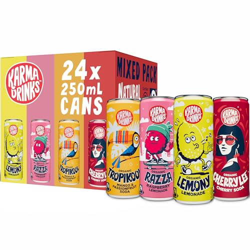 Karma Drinks Mixed Pack Fizzy Soft Drink Variety Pack, 24 x 250ml Cans | Organic, Fairtrade, Natural Ingredients, Vegan, Gluten Free, B-Corp Brand, 24 Can Multipack, Variety Pack