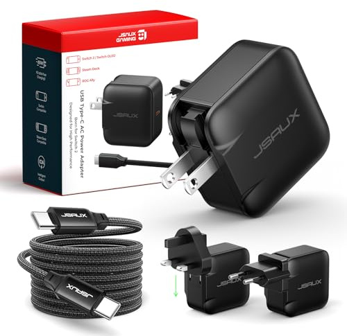 JSAUX Cargador USB C de 65W para Nintendo Switch 2 (alimenta en Modo TV), ROG Ally, Steam Deck, Tablets, Portátiles, Galaxy, Pixel – Cargador Rápido PD con Cable USB C de 2 m y Enchufes EU y UK-Negro | Funciona en modo TV, carga rápida GaN PD para ROG Xbox Ally, Steam Deck, ROG Ally, iPhone 17, Galaxy, tableta y laptop