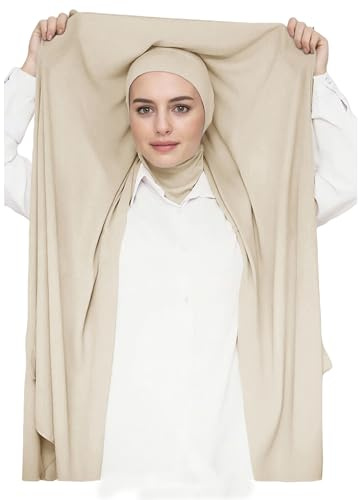 Lina & Lily Ninja Hijab Instantáneo de Gasa, Bufanda Musulmana con Gorro Jersey Integrado (Beige)