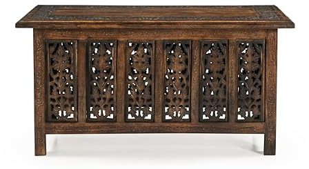 iAnanas Vintage-Couchtisch aus massivem Mangoholz – Handgefertigter Couchtisch aus Holz mit geschnitzten Details, braunes Finish, dekorativ und robust für das Wohnzimmer – 92 x 45 x 45 cm