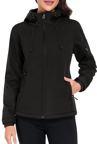 Vancavoo Vestes de Randonnée Femme Veste Softshell Imperméable Coupe-vent Blouson Polaire à Capuche Manteau le Cyclisme pour le Printemps et L'automne,Noir,L