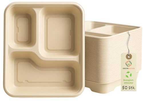 Greenkaufen Bagasse Teller 3-fach unterteilt – 232×198×39 mm, Kompostierbar, biologisch abbaubar, stabil & nachhaltig – 50 Stück Einweg Teller für Partys, Events & Takeaway (50)
