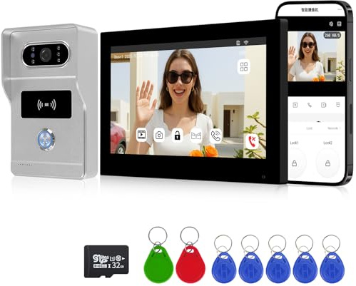 FTes RFKits 2 Cables WiFi y 1080P Sistema de Intercomunicación con Videoportero Inteligente Tuya,Desbloqueo RFID &Tuya,Visión Vocturna por Infrarrojos (Blanco)