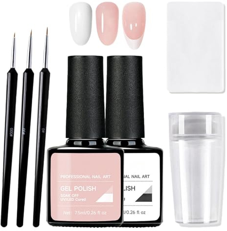2-Piece Gel Nail Polish Set - Nude Pink & White Glossy UV Gel Polish, With French Nail Stamps & Pens, French Tip Manicure. Long-Lasting, Chip-Resistant Classic Varnishes. DIY Nails Art Gift For Women