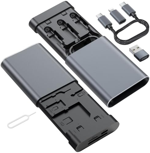 Data Hub, Travel Rated Multi-Card Reader, and 65W 3-in-1 Charging Cable, Nano-Sim-TF-SD, Card Storage, Lighting, USB-C, USB-A Connectors, iOS/Win/Mac/Android, Compact Aluminum Case, No Loose Wires.