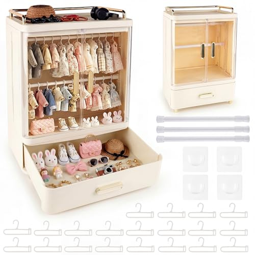 Foldable Doll Wardrobe Large Capacity Stand Compatible 10 Hangers, Rod & Support, Dust-Resistant Stackable Organizer Cabinet Storage Box for 15/17cm Doll Clothes Shoes Accessories