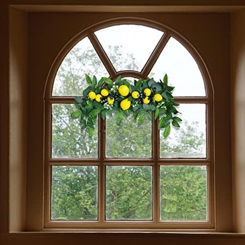 Fictory Guirnalda de corona de limón artificial, hojas de boj sintéticas con limones amarillos, decoración de pared para puerta interior y exterior, para el hogar, boda, fiesta, Navidad, Acción de