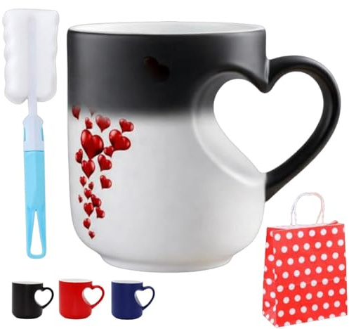 Generisch Zauberhafte, farbwechselnde Keramiktasse in Herzform, einzigartige Kaffeetasse mit Herzgriff und roten Herzmotiven – Geschenk zum Valentinstag, zu Hochzeiten und Jubiläen (Schwarz)