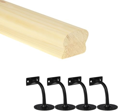 Jackson Woodturners Pine Cottage Loaf Handrail Kit with Black Wall Brackets – Ungrooved Wooden Stair Rail – Multiple Lengths (3600mm + 4 Wall Brackets)