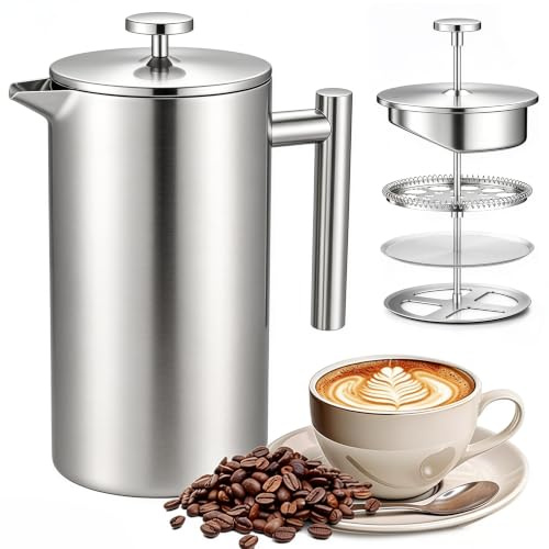 Crystals 800ml Stainless Steel French Press Coffee Maker, Double Wall Insulated Coffee Press, Coffee & Tea Plunger with Fine Mesh Filter, Metal Cafetiere for Home, Office, Camping, Brews Up to 6 Cups
