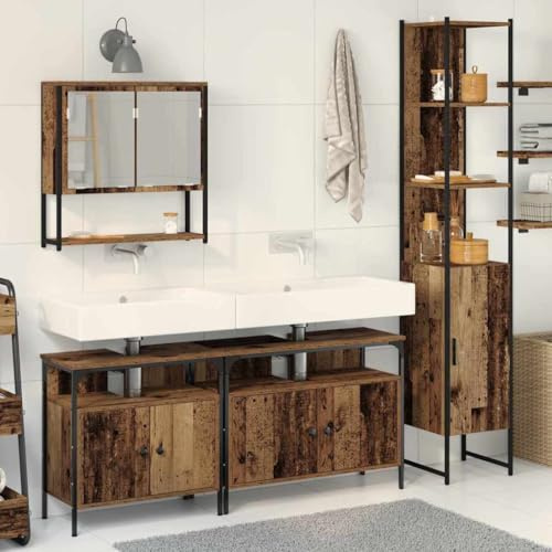 Yunovire Badrumsmöbler set 4-delat gammalt trä med spegelskåp, tvättställsunderskåp, högskåp 33 x 33 x 185,5 cm, väggmonterad för badrum, gäster, toalett, tvättstuga med gott om lagringsutrymme och