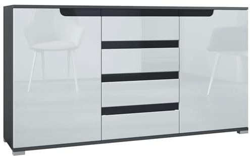 Vladon Buffet Dressoir Sylt, Corps en Noir Mat/Façades en Blanc Haute Brillance avec Un Decor en Noir Haute Brillance (139 x 72 x 35)