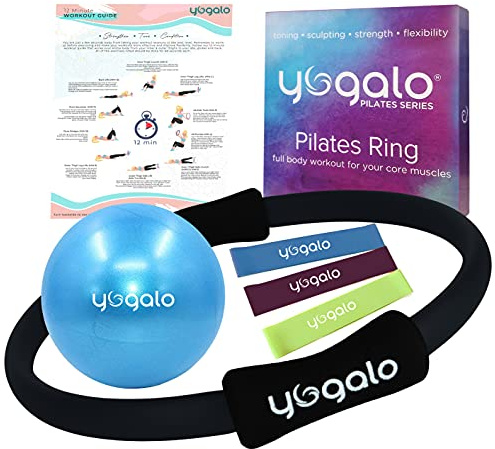 Y O Gayo Pilates Ring and Ball Set with 3 Resistance Bands - Pilates Equipment for Home Workout - Magic Circle Pilates Ring 14 Inch to Tone, Sculpt and Strengthen (Black)