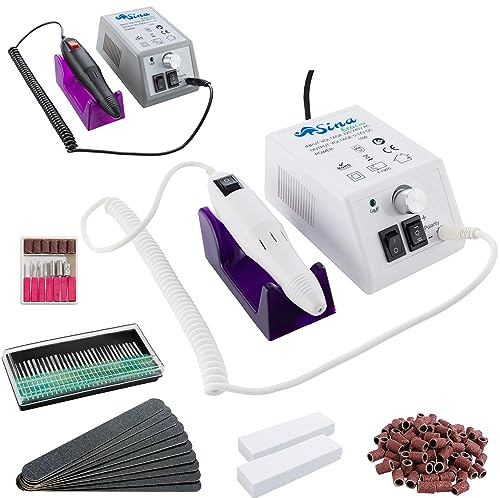 Sina Elektrische Nagelfeile | Elektrische Nagelfräser | inkl. 6tlg. Bit-und Mandrel-Set + 30 Diamantfräser | 2 Feilblöcke + 10 Nagelfeilen | 20.000 U/M | für Gel, Acryl oder natürliche Nägel | weiß