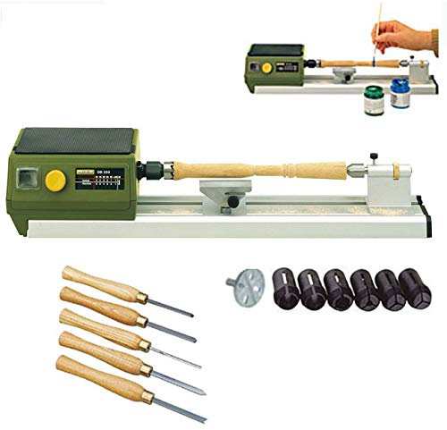 PROXXON MICRO Drechselbank/Drechselmaschine DB 250 – inklusive 5-tlg. HSS-Drechselmeißelsatz, 6 Spannzangen und Planscheibe für größere Werkstücke