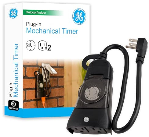 GE 24-Hour Indoor / Outdoor Programmable Mechanical Timer, Dual Outlet Plug-In, 2 Grounded Outlets, Heavy Duty Weather Resistant, 30 Minute Intervals, 15138