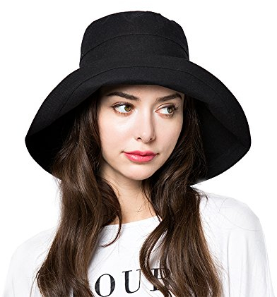 Bucket Sonnenhut für Damen, Schlapphut, Baumwolle, breite Krempe, Sommer, Strand, Fischerhut, LSF 50+, UV-verpackt, B1-Schwarz