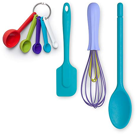 Zeal JSET41A Non-Stick Silicone Spatula, Whisk, Traditional Spoon & Measuring Spoons 4-Piece Baking Set-Aqua
