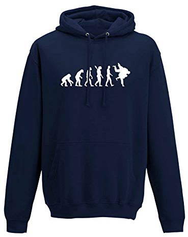 Jimmys Textilfactory Hoodie Evolution Judo Kampfsport Wurf Judoka Anzug 10 Farben Herren XS - 5XL Keikogi Judo-Gi Judo-Anzug KYU Kampfkunst Jiu Jitsu Karate, Größe: L, Farbe: Navy - Logo Weiss