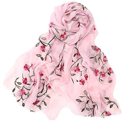 Pluto & Fox Fular De Mujer Bordado Con Flores Bufanda De Seda Diseño Retro Elegante Pañuelo cuello Estola (Rosa Claro, 75cm*175cm)