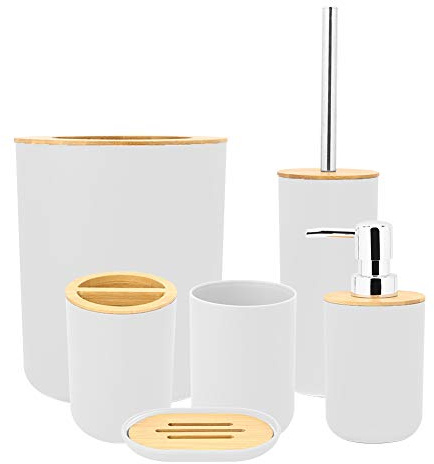 AYNEFY 6tlg Badezimmer Set Moderner Badaccessoires Toiletten Badzubehör Seifenspender Zahnbürstenhalter Seifenschale Becher Seifenspender Set oder Badezimmer Organizer Weiß: