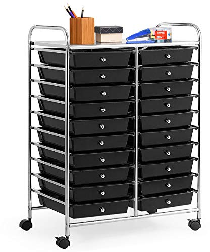 COSTWAY Rollwagen mit 20 stapelbaren Schubladen, Schubladenwagen, Rollcontainer mit Metallgestell und Ablagefläche, Badrollwagen Beistellwagen für Büro, Wohnzimmer (Schwarz)