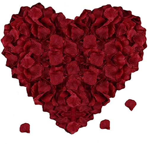 Quesuc Künstliche Rosenblätter 1000 Stück romantische Dekoration Hochzeit und Schlafzimmer Schöne Rosenblätter als Geburtstagsgeschenk für ihn Fantastische Geburtstagsdekoration (Dunkelrot)