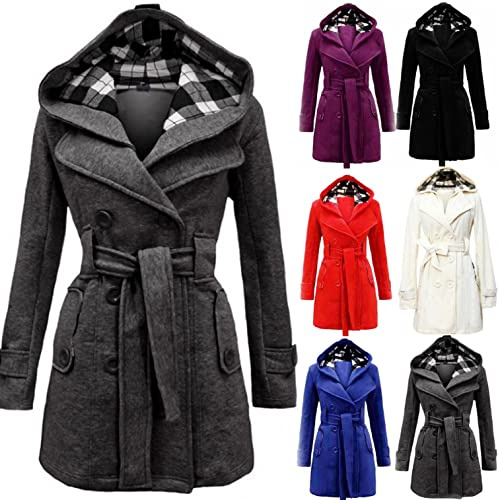 Trench long à capuche pour femme - Veste d'hiver élégante - Couleur unie - Revers chaud - Doublé - Double boutonnage - Avec ceinture - Automne et hiver - Manteau long - Veste d'extérieur légère