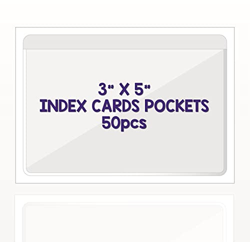 Clear Adhesive 3 x 5 Index Card Pockets With Top Open Loading, 50 Pack, Plastic Labels Holders for Storage Bins and Library, Ideal for Organizing and Protecting Your Cards