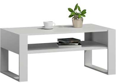 MATKAM Mesa de Centro KAJA H50 x A100 x P53,6 cm Loft Retro, Estante Abierto bajo el Tablero, Patas de patín (Blanco-Blanco)