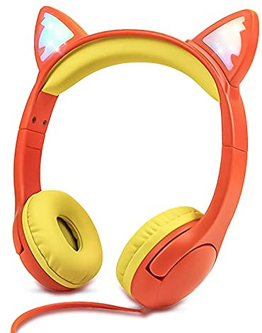 Olyre Casque D'écoute pour Enfants avec Lumière LED, Casque de Chat avec Port de Partage Jack 3,5 mm Compatible avec Les Smartphones, Ordinateurs, MP3/4, Kindle Fire et Tablettes - Orange/Jaune
